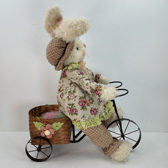 Floral Bunny Plush Doll On Metal Tricycle With Wicker Basket Floral Accents 19" - Picture 4 of 13
